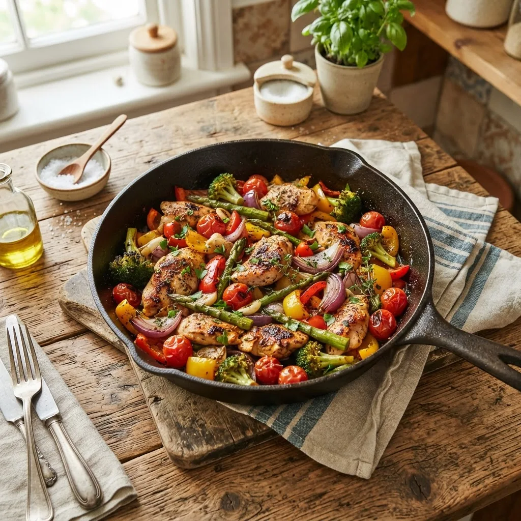 a colorful one pan dinner on a rustic wooden table featuring a cast iron skillet filled with sautéed chicken, mixed vegetables, and herbs,
