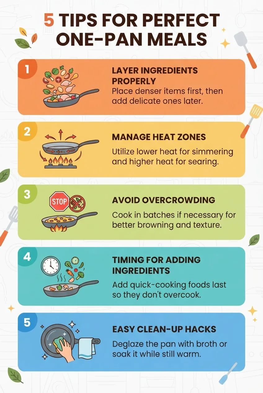 is vertically stacked with five blocks each illustrating a tip for one pan cooking: 1) Layering ingredients properly, 2) Managing heat