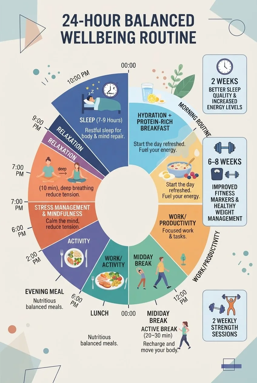 illustrates a 24-hour balanced wellbeing routine for improving overall health — include segments for sleep (7-9 hours), morning hydration +