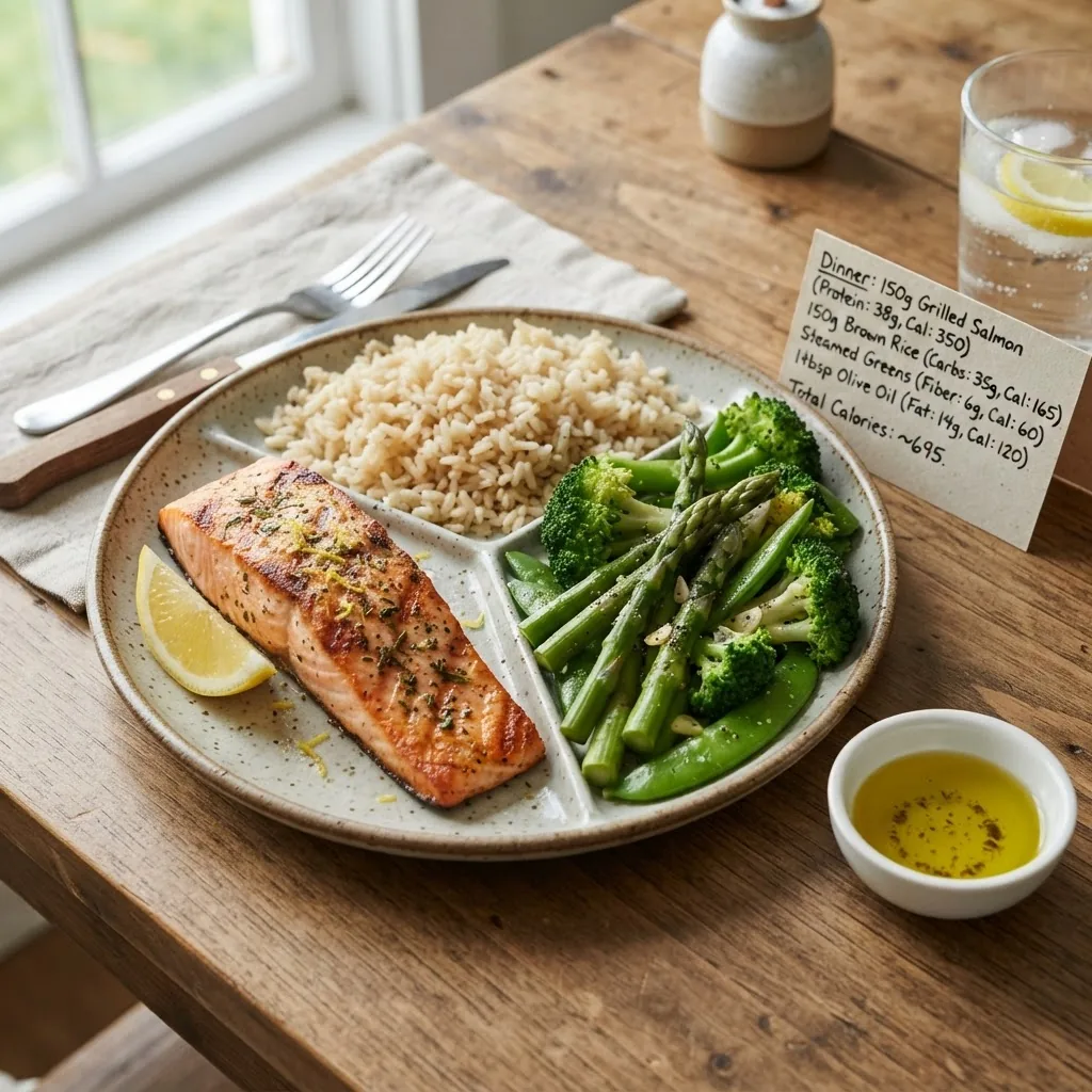 a balanced dinner plate arranged into sections: 150g grilled salmon, 150g brown rice, a large serving of steamed green vegetables, and a