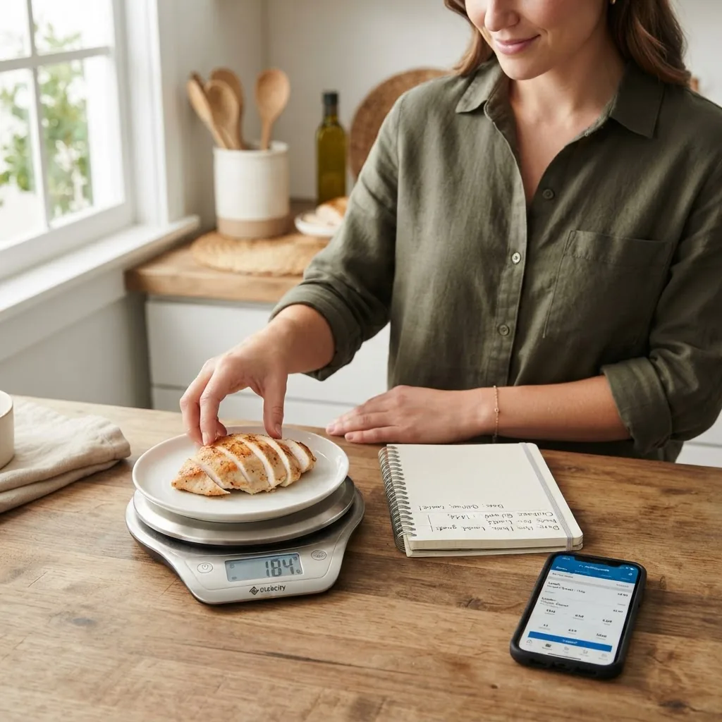a person using a digital kitchen scale to weigh cooked chicken breast on a white plate next to a notebook showing weight and notes. Include