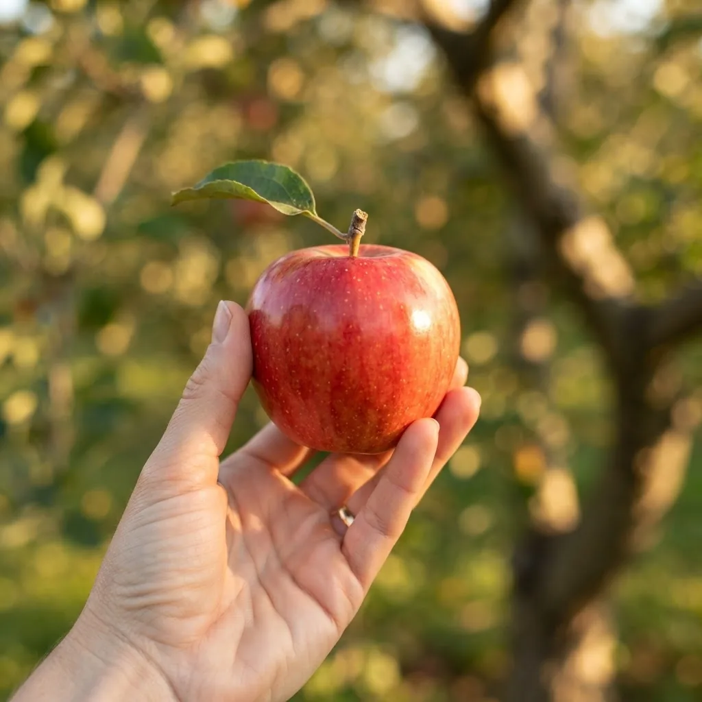 Close-up of a hand holding a single ripe apple against a softly blurred natural background, warm sunlight highlighting glossy skin with