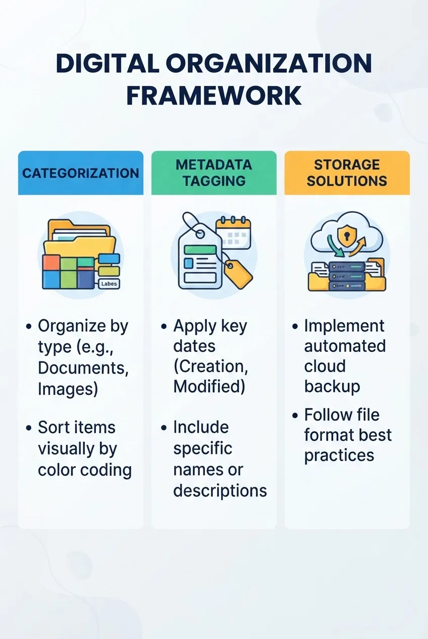 A clean infographic showing three columns titled "Categorization", "Metadata Tagging", and "Storage Solutions"; each with an icon and two