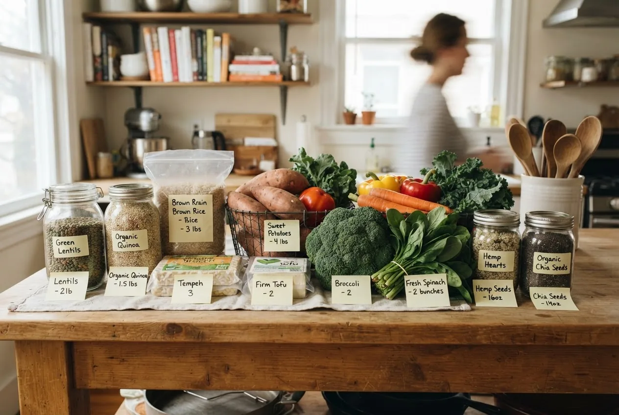 a weekly grocery haul laid out on a kitchen island: labeled bags/containers of lentils, quinoa, brown rice, tempeh blocks, tofu, fresh