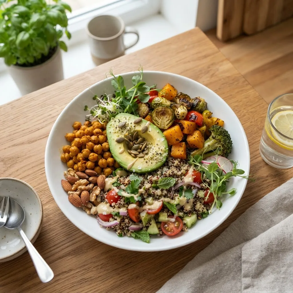 a diverse, colorful vegetarian meal plated on a white dish, featuring plant based balanced components like quinoa salad, roasted