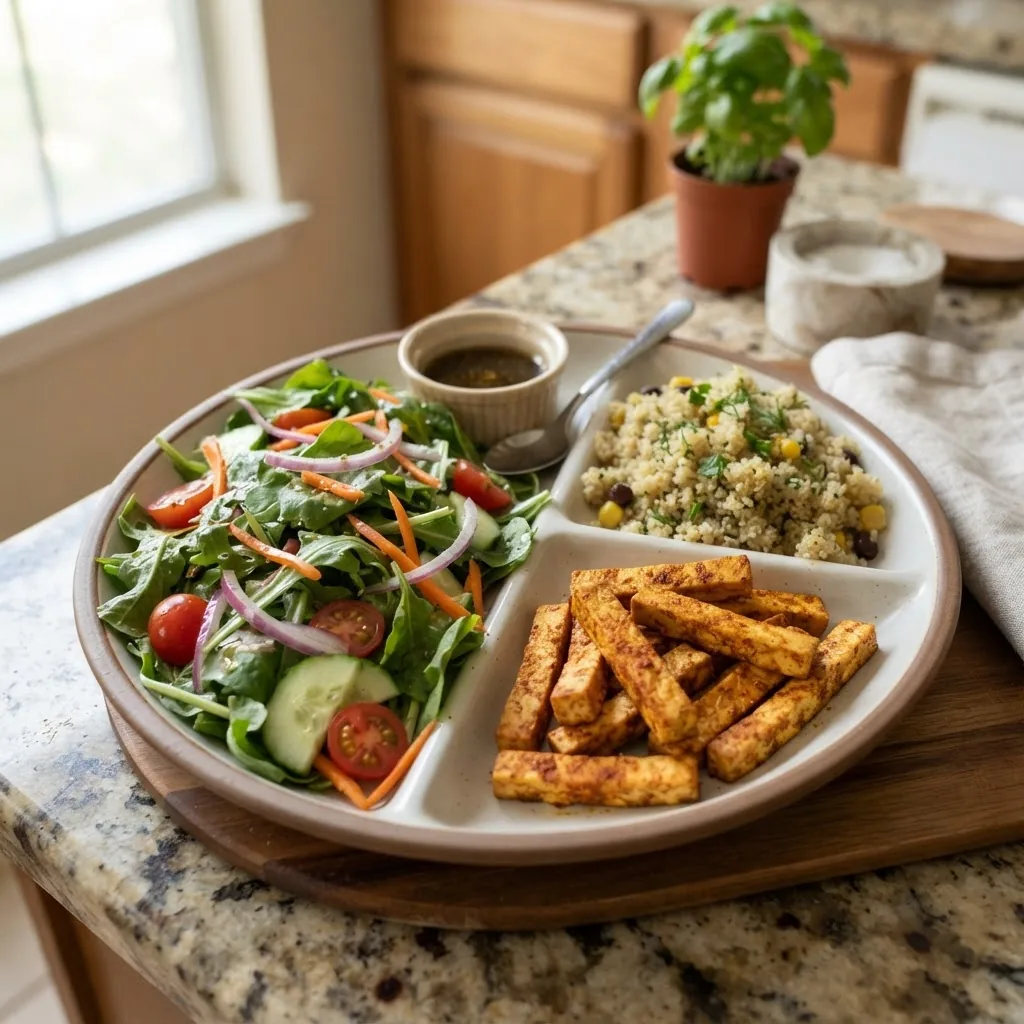 a divided dinner plate showing 50% mixed leafy vegetables (2 cups), 25% cooked quinoa (1 cup), 25% baked tofu strips (150g), and a