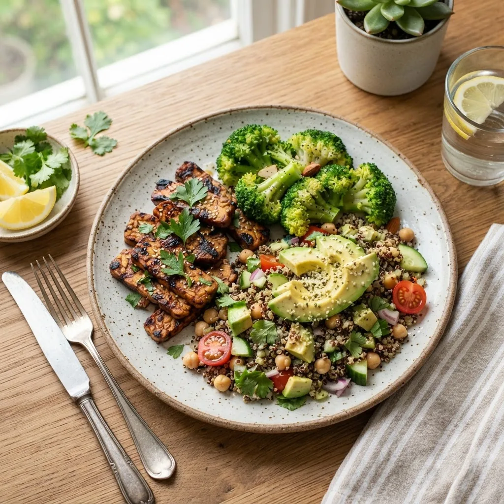 a balanced vegan meal plate featuring grilled tempeh, steamed broccoli, quinoa salad with chickpeas and avocado, on a bright kitchen