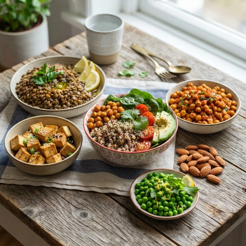 a colorful assortment of high-protein plant-based foods arranged on a rustic wooden table: cooked lentils, tofu cubes, quinoa bowl,