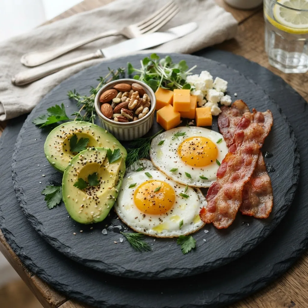 A high-contrast image showing a keto-friendly plate with foods high in healthy fats and proteins such as avocado, eggs, nuts, cheese, and