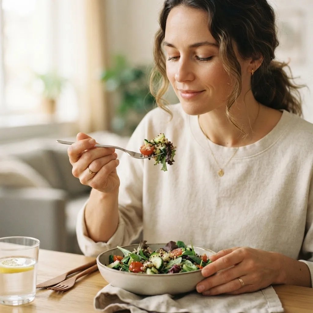 Close-up photo of a person practicing mindful eating, holding a fork with a small bite of salad, with soft natural lighting and calm