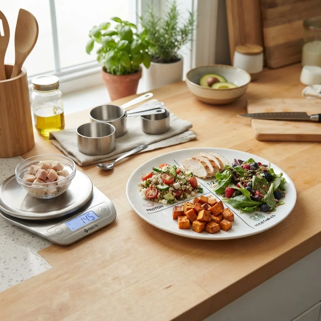 A bright, well-lit kitchen counter featuring measuring cups, a digital food scale, and a portion control plate with colorful balanced meal