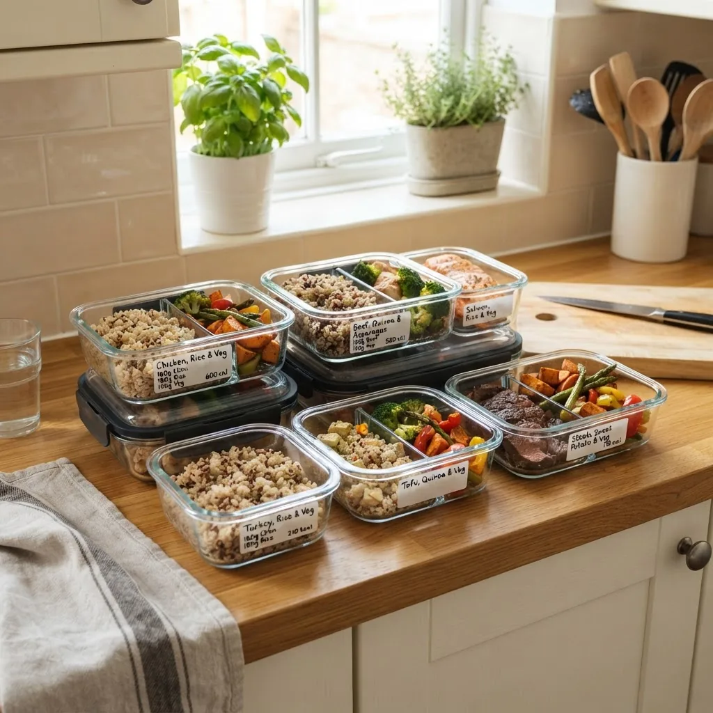 meal-prep containers on a kitchen counter labeled with weights and calories, showing cooked grains, proteins, and vegetables in separate