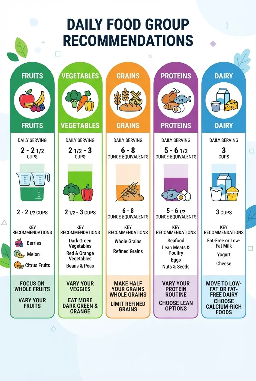 with five clearly labeled sections representing fruits, vegetables, grains, proteins, and dairy; each section includes a color-coded chart