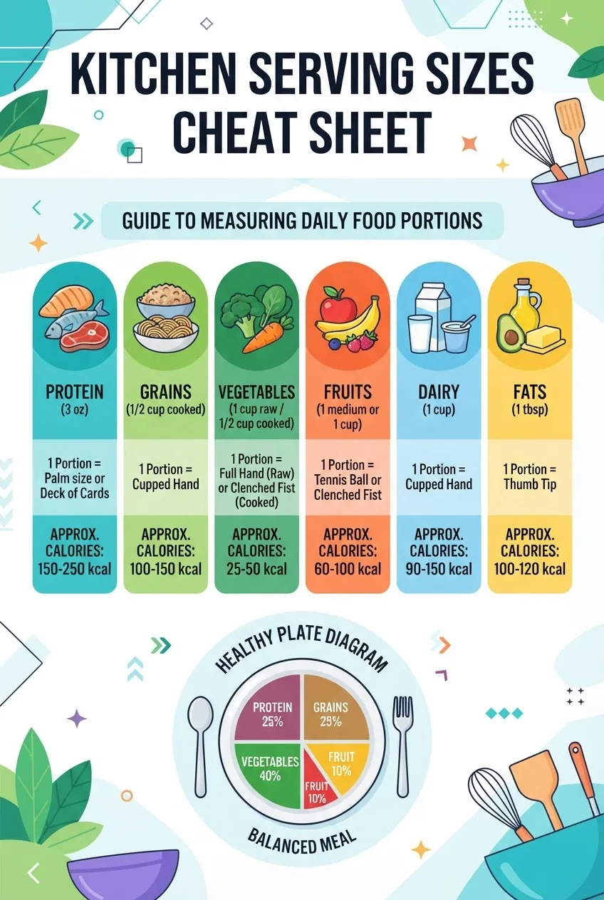 lays out a "Kitchen Serving Sizes Cheat Sheet" with icons for protein (3 oz), grains (1/2 cup cooked), vegetables (1 cup raw or 1/2 cup