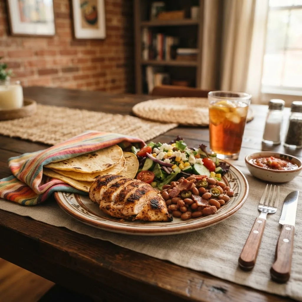 A casual dining table with typical Texan foods like grilled chicken, beans, salad, and corn tortillas portioned on a balanced plate, warm