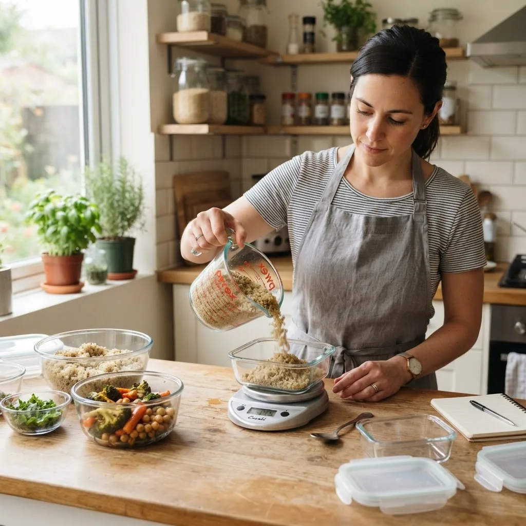 A bright kitchen scene showing a person using a measuring cup and kitchen scale to measure food portions, natural daylight, focused and