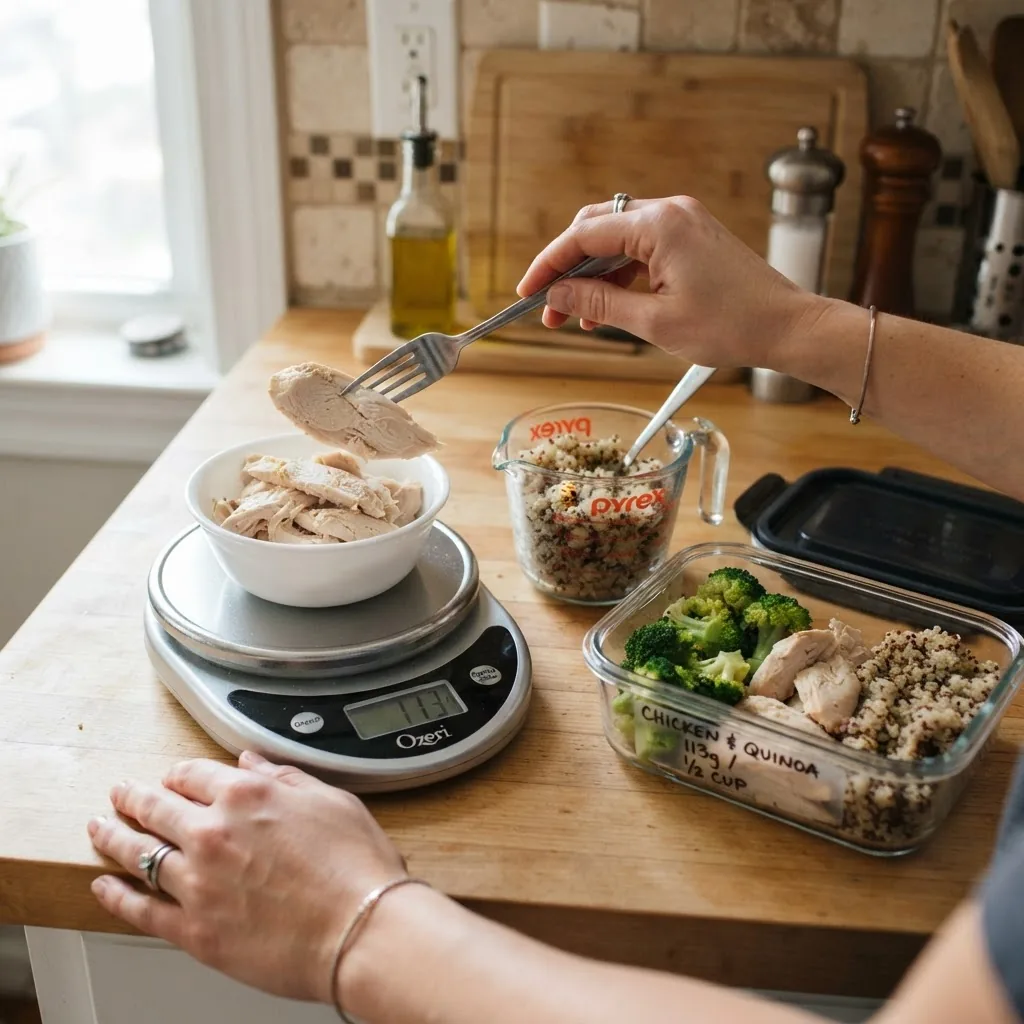 a digital kitchen scale measuring 113 g cooked chicken breast beside a measuring cup with 1/2 cup cooked quinoa and a labeled meal-prep