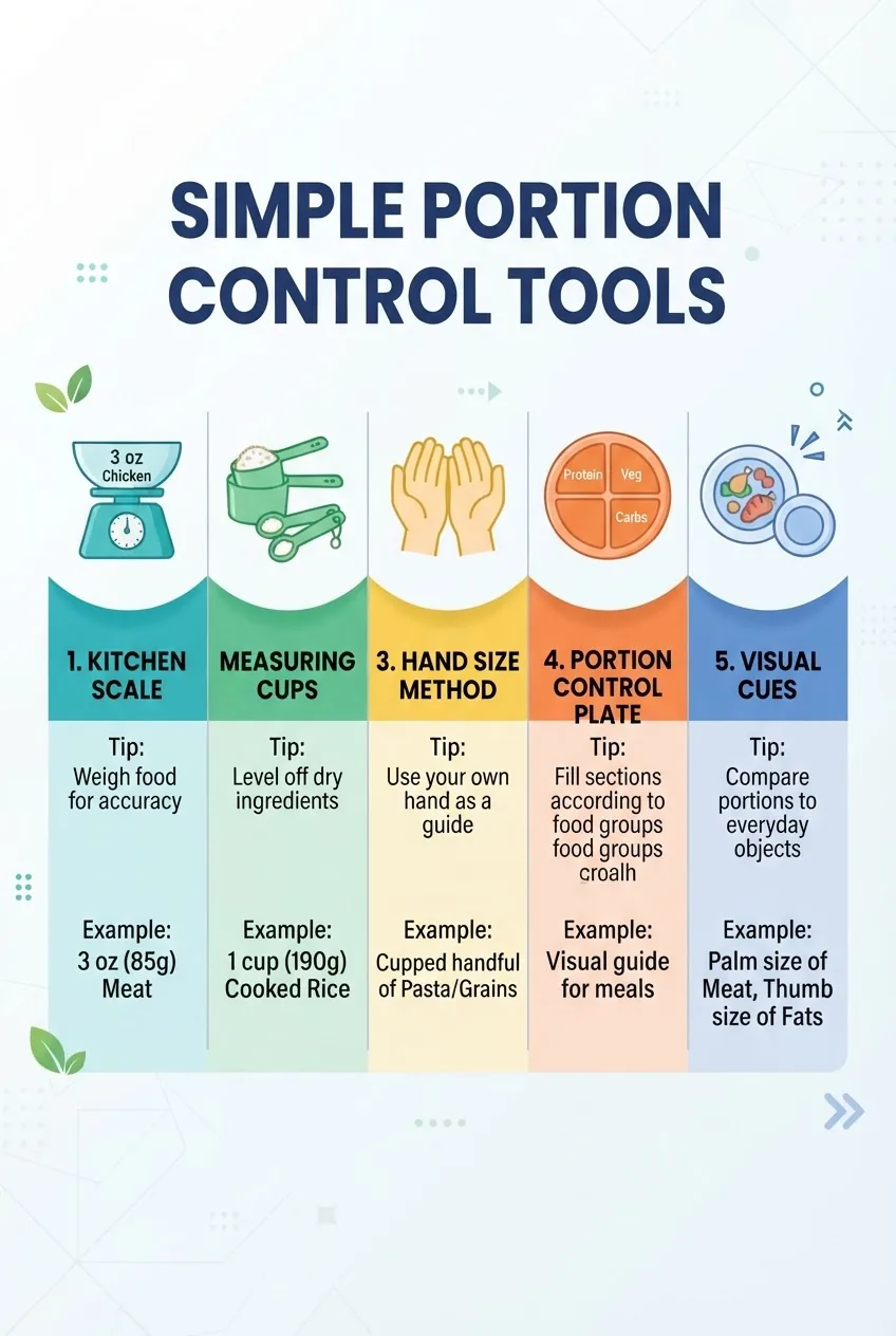An infographic illustrating five portion control tools: kitchen scale, measuring cups, hand size method, portion control plate, and visual