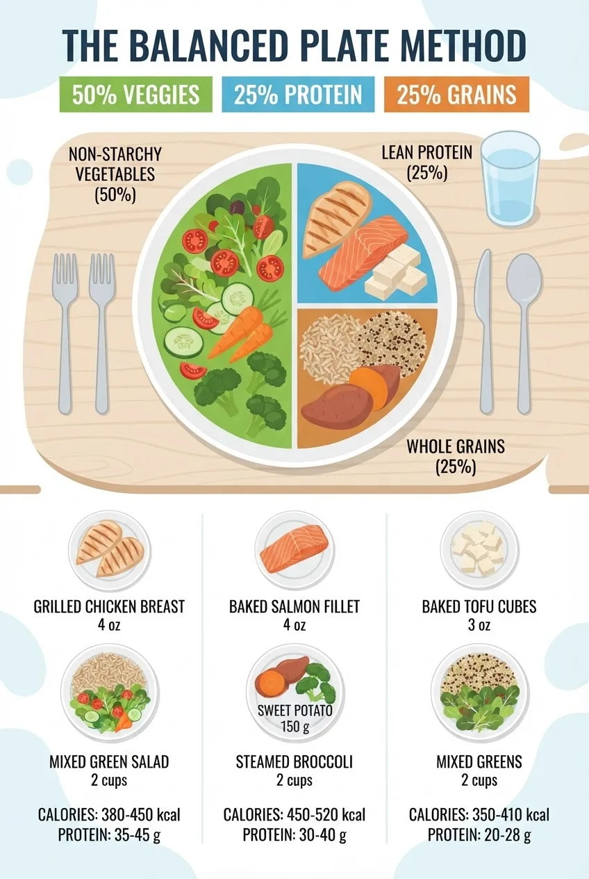 shows a plate divided into 50% vegetables, 25% lean protein, and 25% whole grains; include three concrete portion examples beneath (4 oz