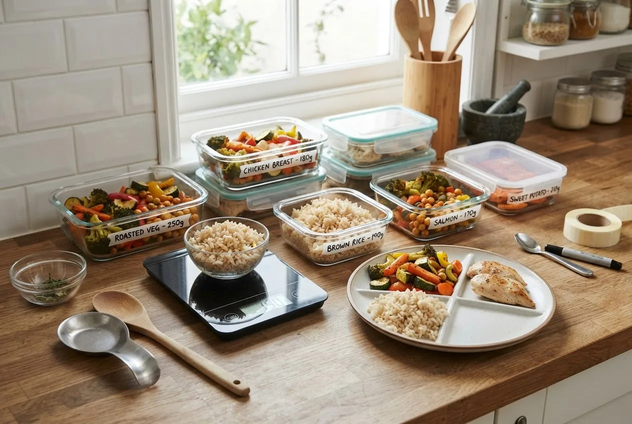 a kitchen counter with batch-cooked containers labeled in grams, a digital kitchen scale showing 190 g, a bowl of cooked brown rice,