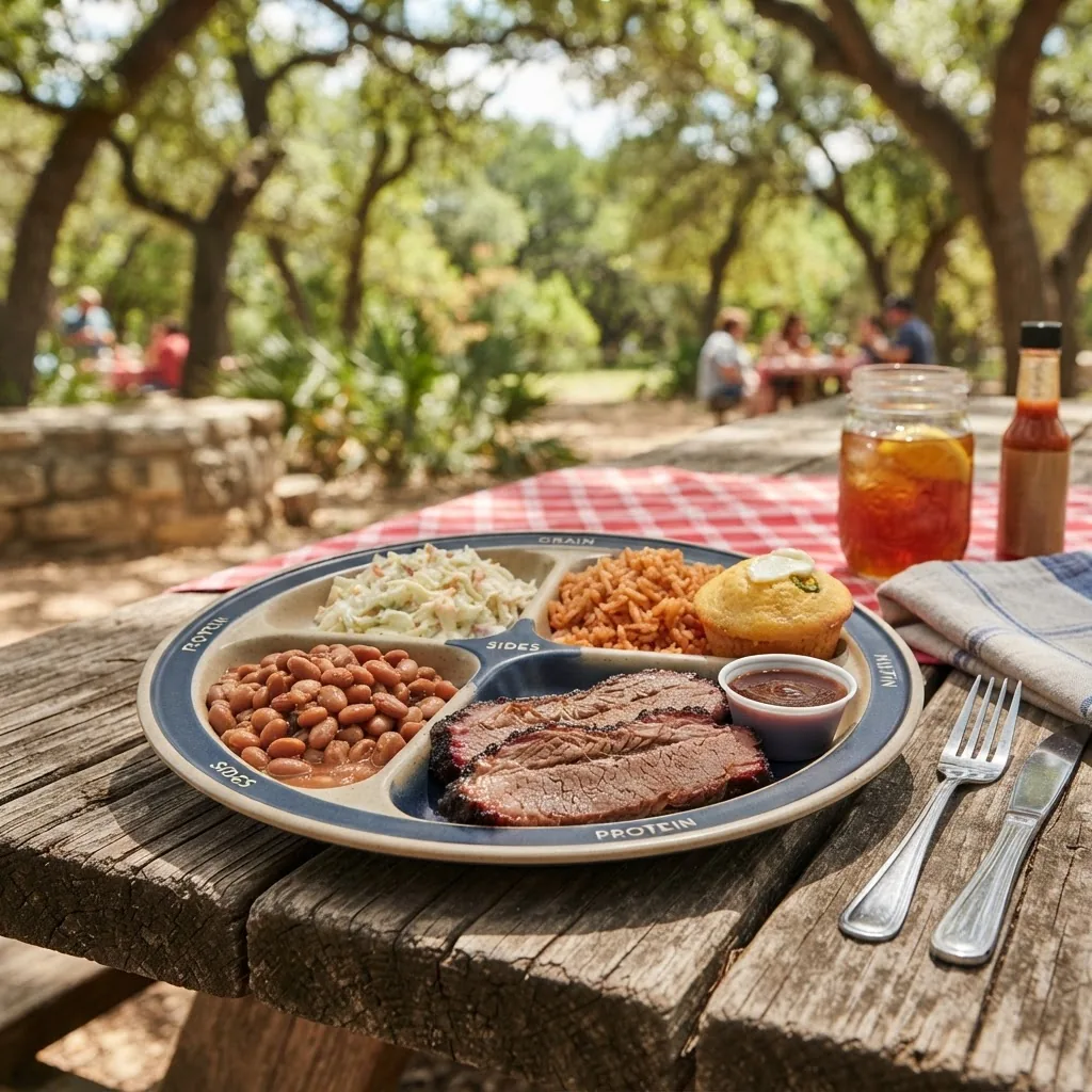 A warm, inviting scene of a typical Texas meal on a portion plate featuring regional foods portioned correctly, outdoors picnic setting,