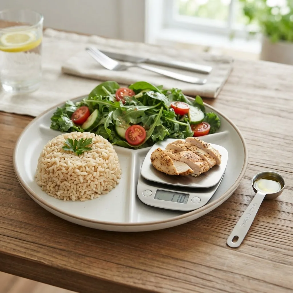 a 9-inch dinner plate divided into sectors with measured portions: 1 cup cooked brown rice (measured), 110 g cooked chicken breast on a