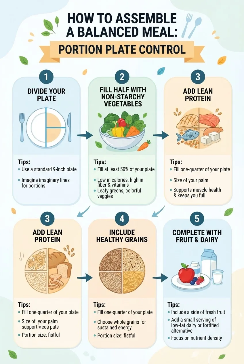 A detailed step-by-step infographic showing how to assemble a balanced meal using portion plate control, featuring five steps with icons: