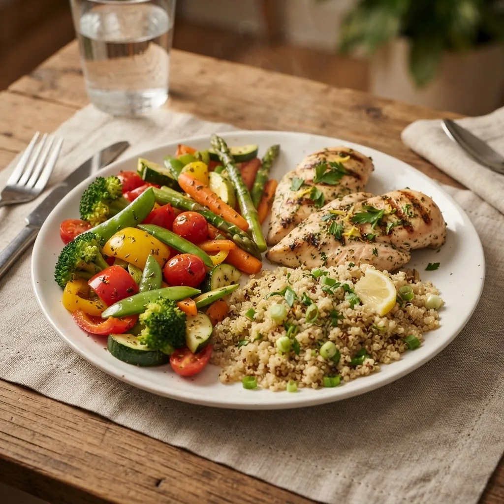 Close-up photo of a prepared, portion-controlled plate showcasing lean protein, whole grains, and vibrant vegetables arranged by portion