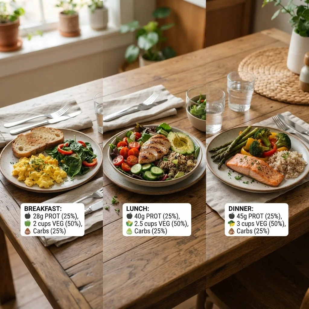 three plated meals (breakfast, lunch, dinner) laid out side-by-side on a wooden table, each plate clearly following the 50% vegetables /
