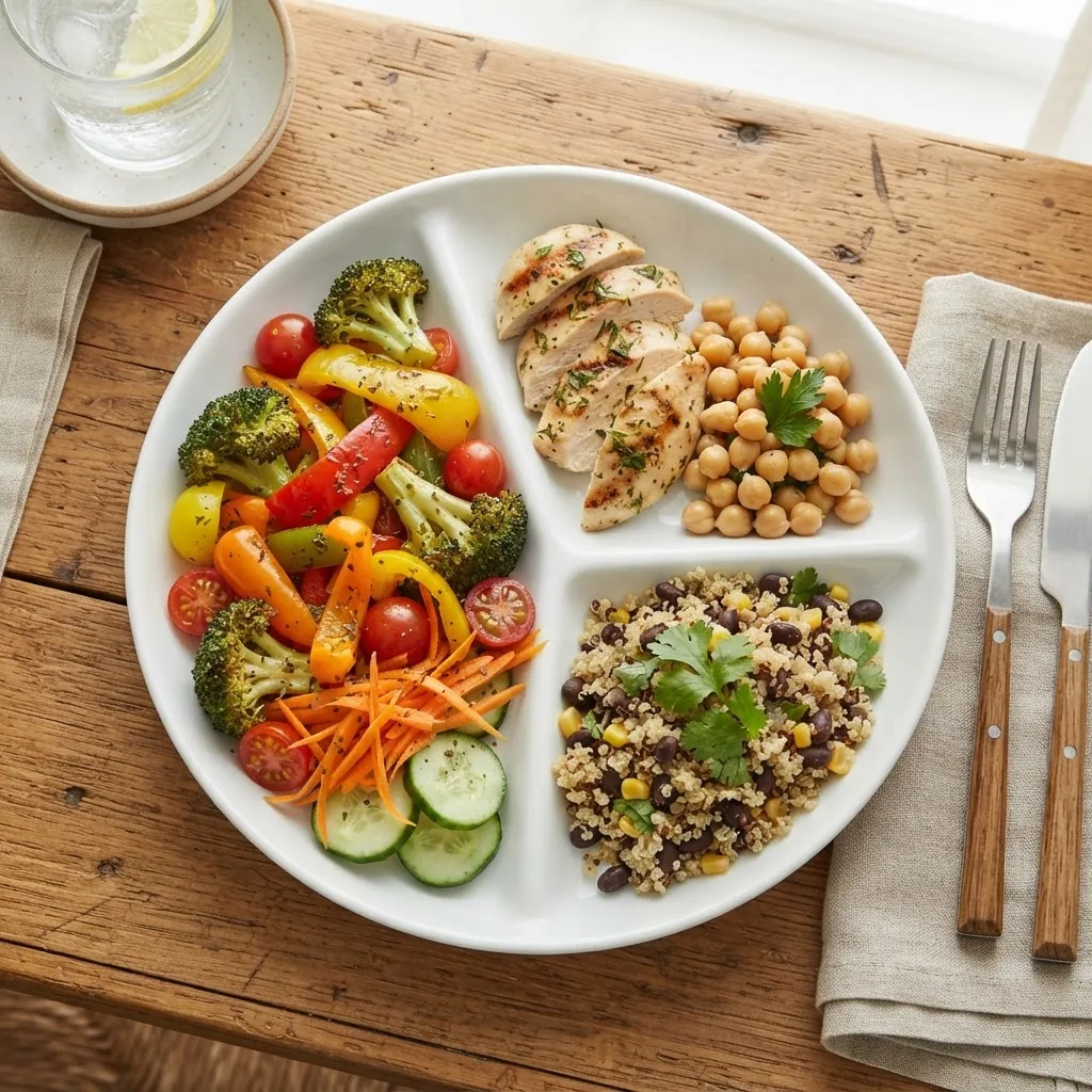 A top-down photograph of a balanced adult meal arranged on a portion plate divided into sections for vegetables, proteins, and