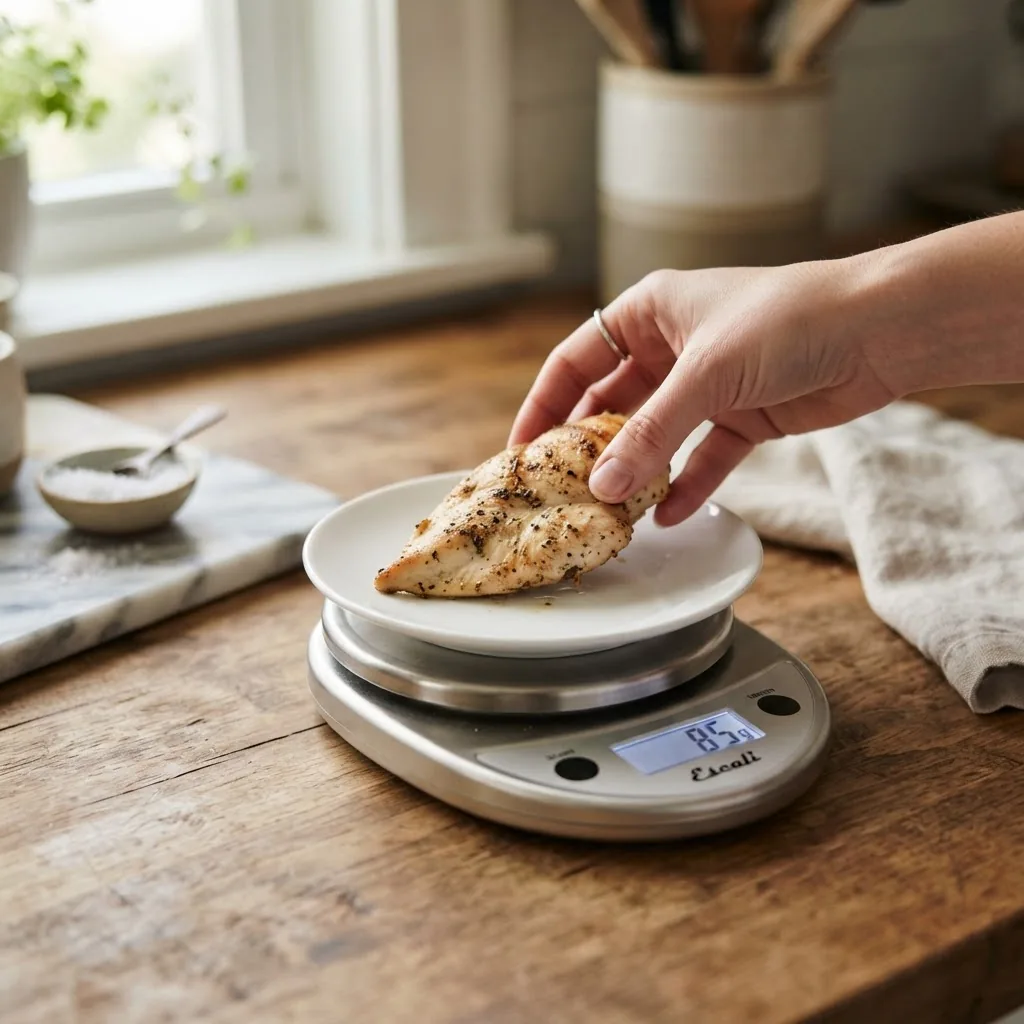 a hand placing a kitchen scale with a small white plate on it and a cooked chicken breast being weighed to 85 g. Kitchen counter, close-up,
