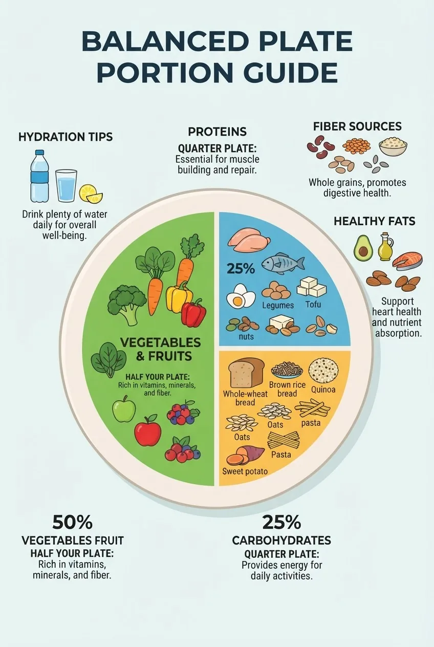 Infographic illustrating a circular portion plate divided into three main segments labeled vegetables (50%), proteins (25%), carbohydrates