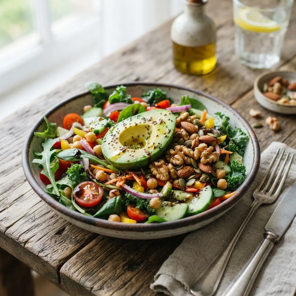 Close-up of a healthy heart-friendly meal with nuts, avocado, olive oil, and colorful salad, styled on a rustic wooden table, soft natural