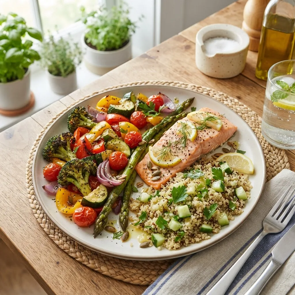 A vibrant overhead shot of a balanced meal plate featuring colorful vegetables, lean proteins, whole grains, in a well-lit kitchen setting