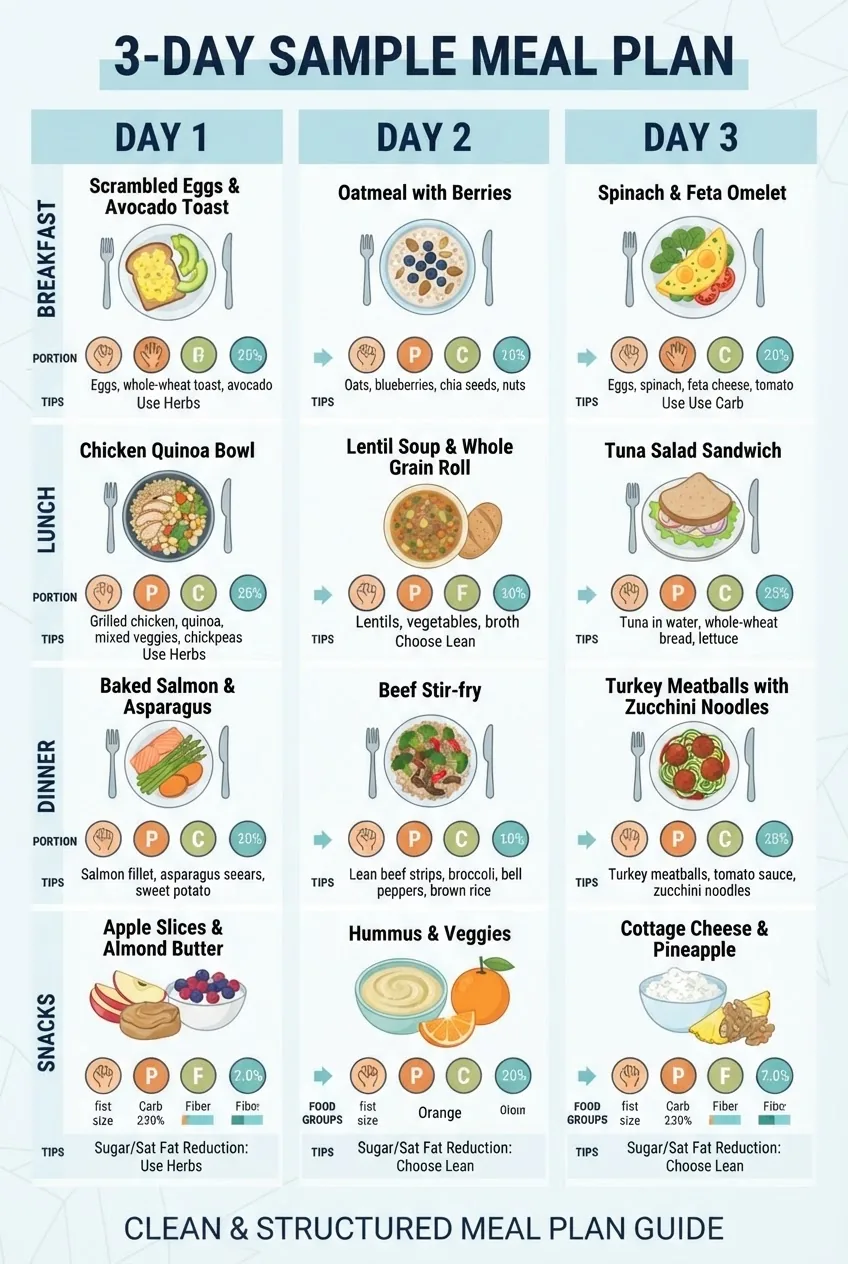 A clean, structured infographic showing a 3-day sample meal plan with breakfast, lunch, dinner, and snacks; each meal includes icons for