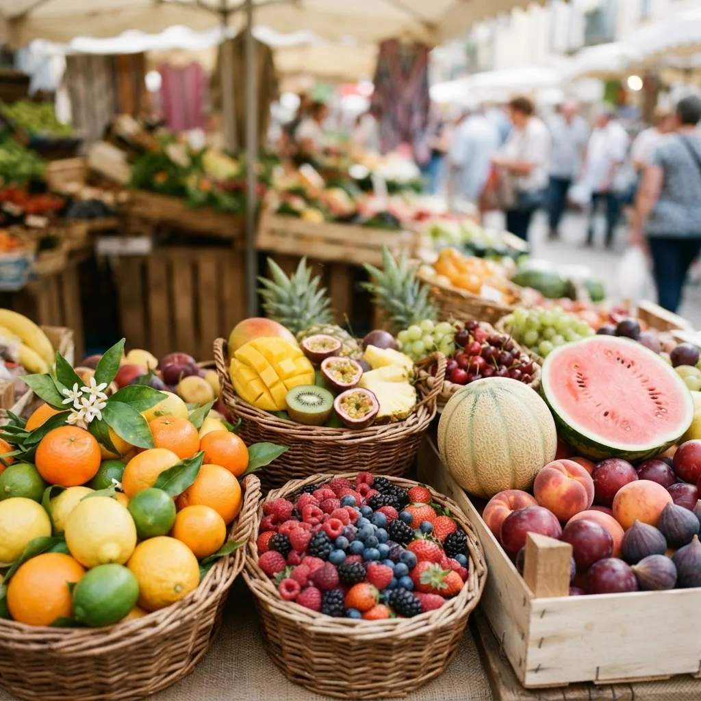 Close-up of a colorful assortment of fresh fruits arranged in baskets, featuring citrus, berries, tropical fruits, and melons, with soft