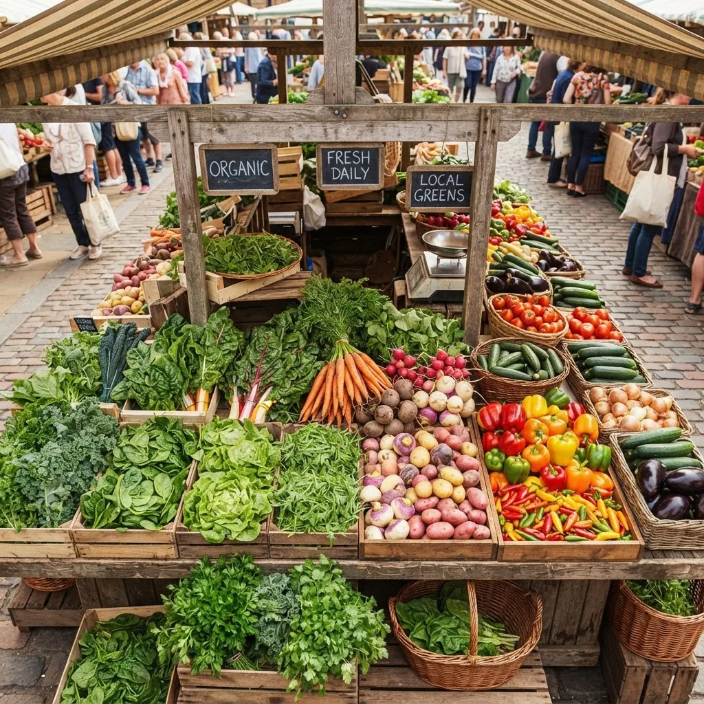 A vibrant overhead photo of a wooden market stand filled with fresh vegetables including leafy greens, root vegetables, and colorful