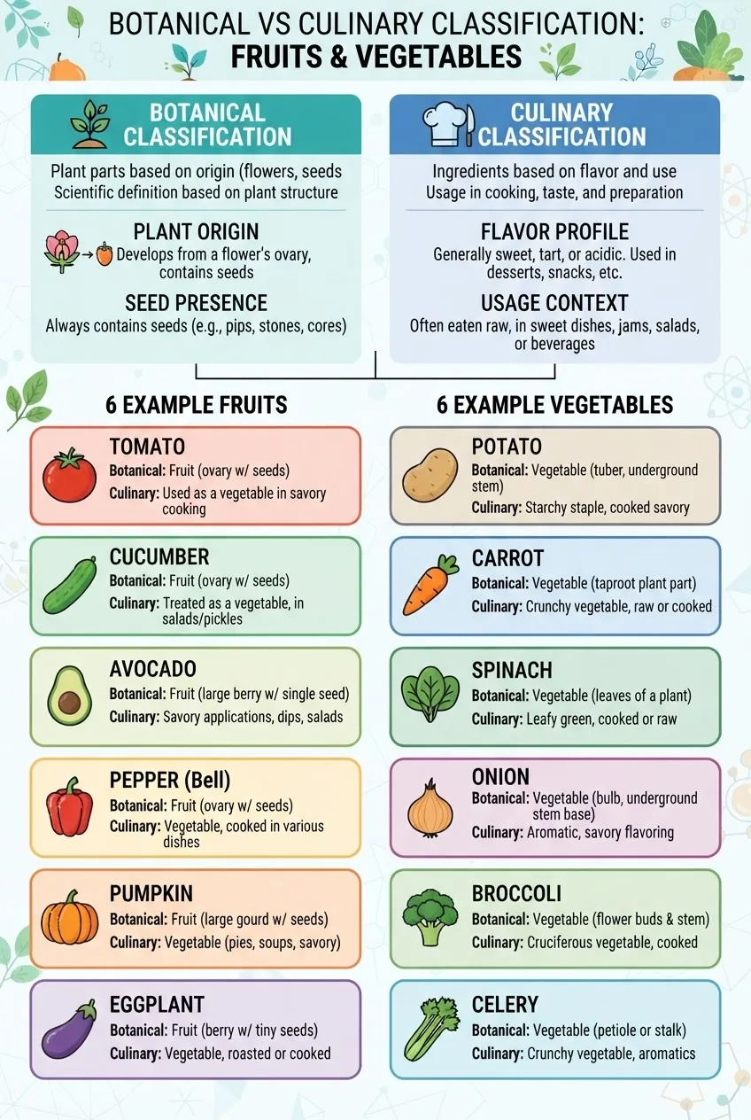 A two-column infographic comparing botanical vs culinary classification of fruits and vegetables; left column shows botanical definitions,