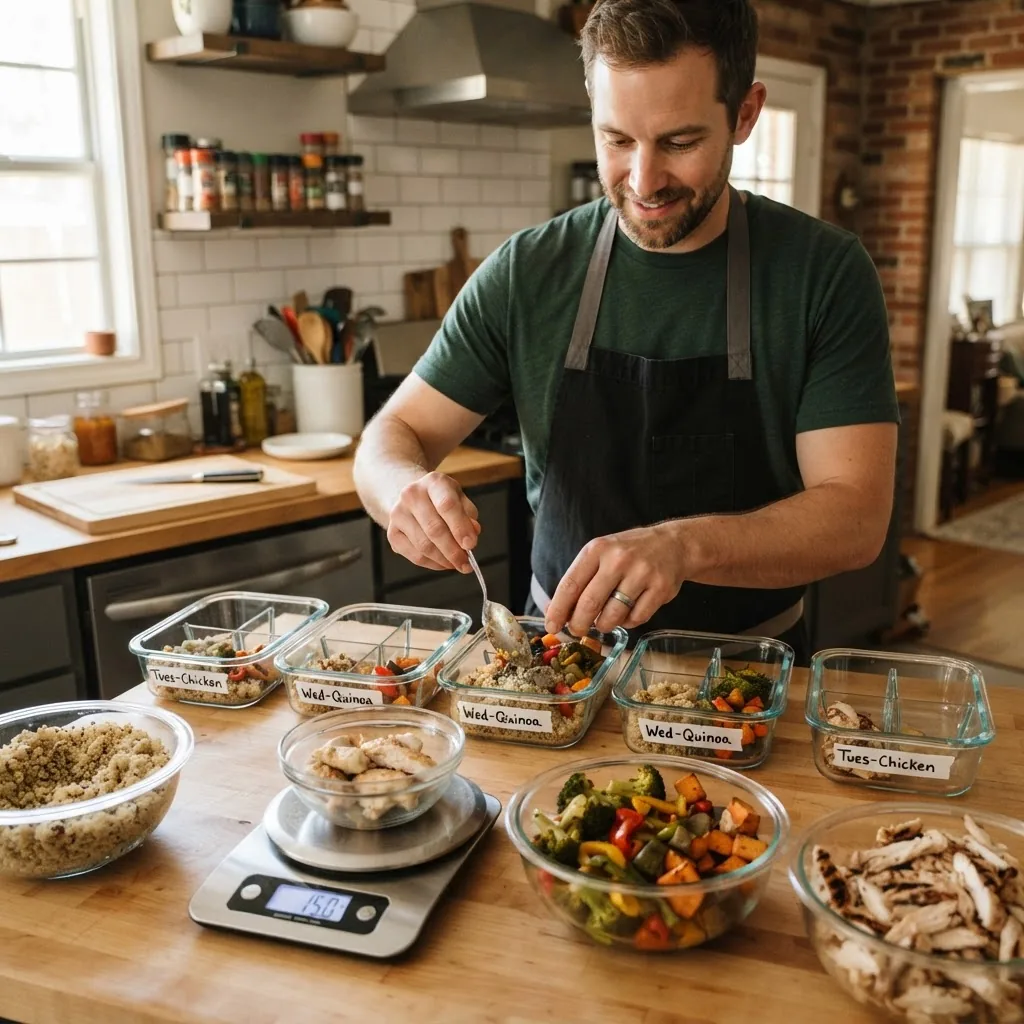 a man in a Texas kitchen portioning cooked chicken, quinoa, and roasted vegetables into six labeled meal prep containers with a digital