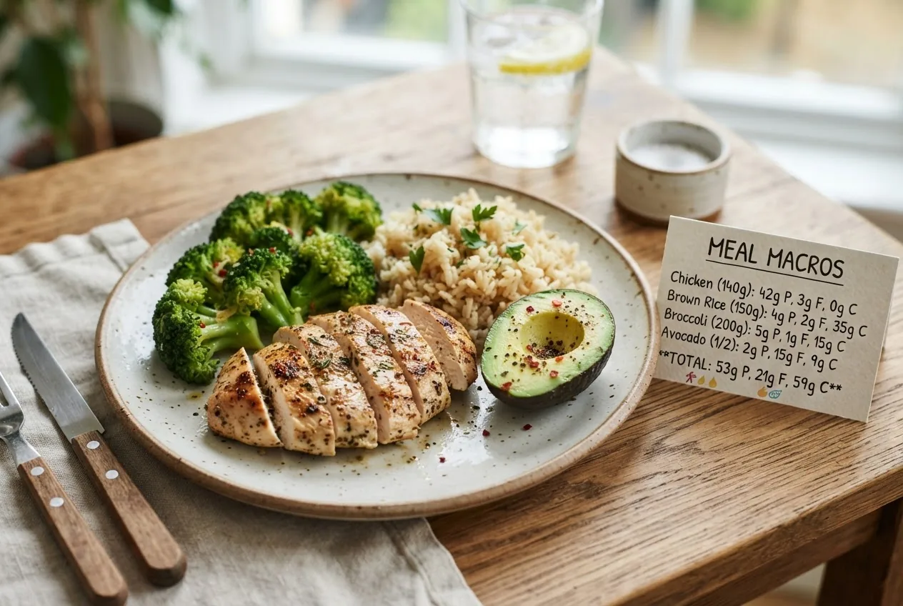 a colorful plate showing correctly portioned elements: 140g cooked chicken, 150g cooked brown rice, 200g steamed broccoli, a small avocado