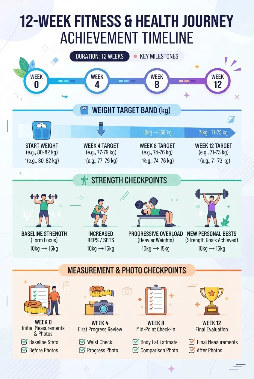 shows a 12-week timeline: week markers at 0,4,8,12; top row displays weight target band in kg; middle row displays strength checkpoints;