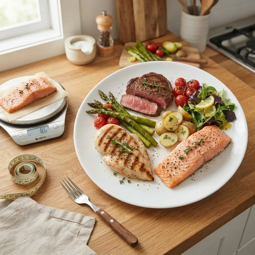an overhead shot of a balanced plate displaying three different 3 oz protein portions: chicken breast, beef steak, and salmon fillet, with