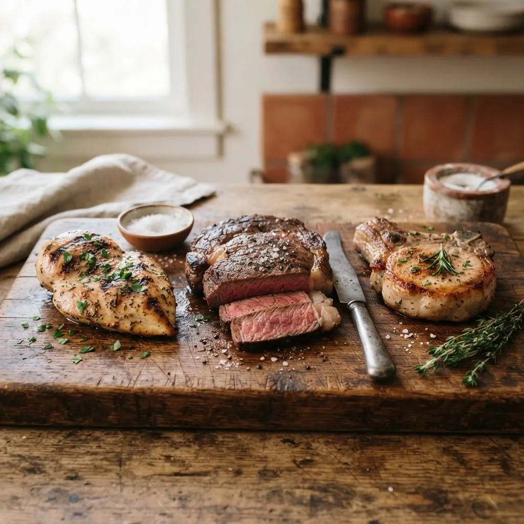 a close-up, high-resolution photo of cooked chicken breast, beef steak, and lean pork chop arranged on a rustic wooden cutting board with