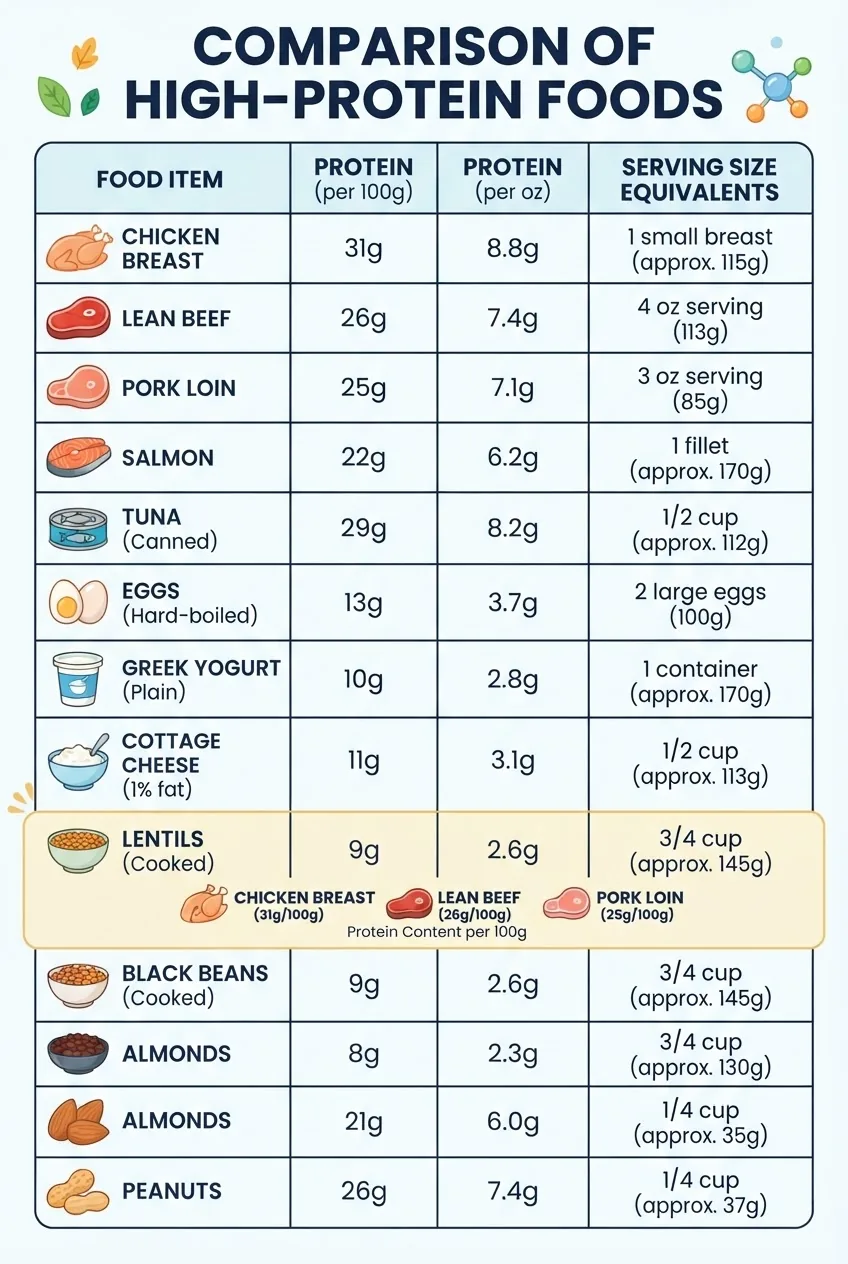 presents a comparison chart of high-protein foods showing columns for food name, protein per 100g, protein per ounce, and serving size