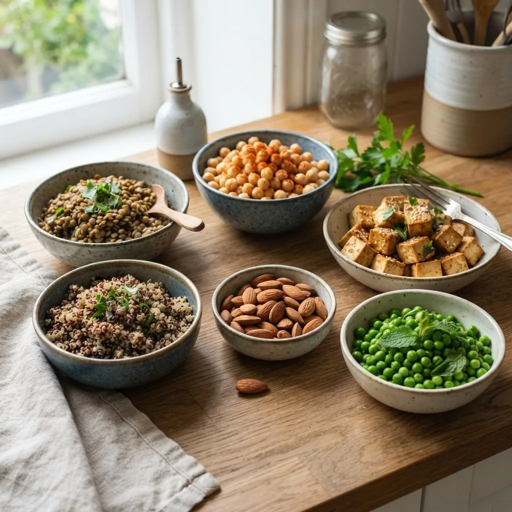 A colorful assortment of high-protein plant foods arranged in bowls including lentils, chickpeas, tofu, quinoa, almonds, and green peas,