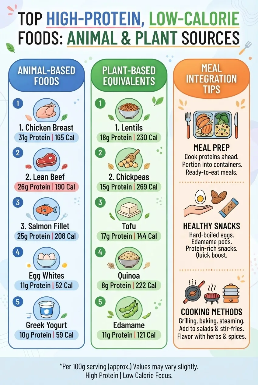 with three columns: Column 1 lists top animal-based high protein low calorie foods with icons and protein/calorie stats; Column 2 lists top