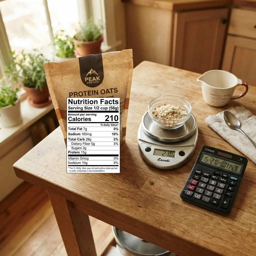Overhead shot of a nutrition label on a food package next to a calculator and measuring scale on a kitchen counter, illustrating the