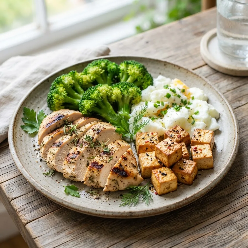 Close-up photograph of a colorful plate featuring a variety of high protein, low calorie foods such as grilled chicken breast, steamed