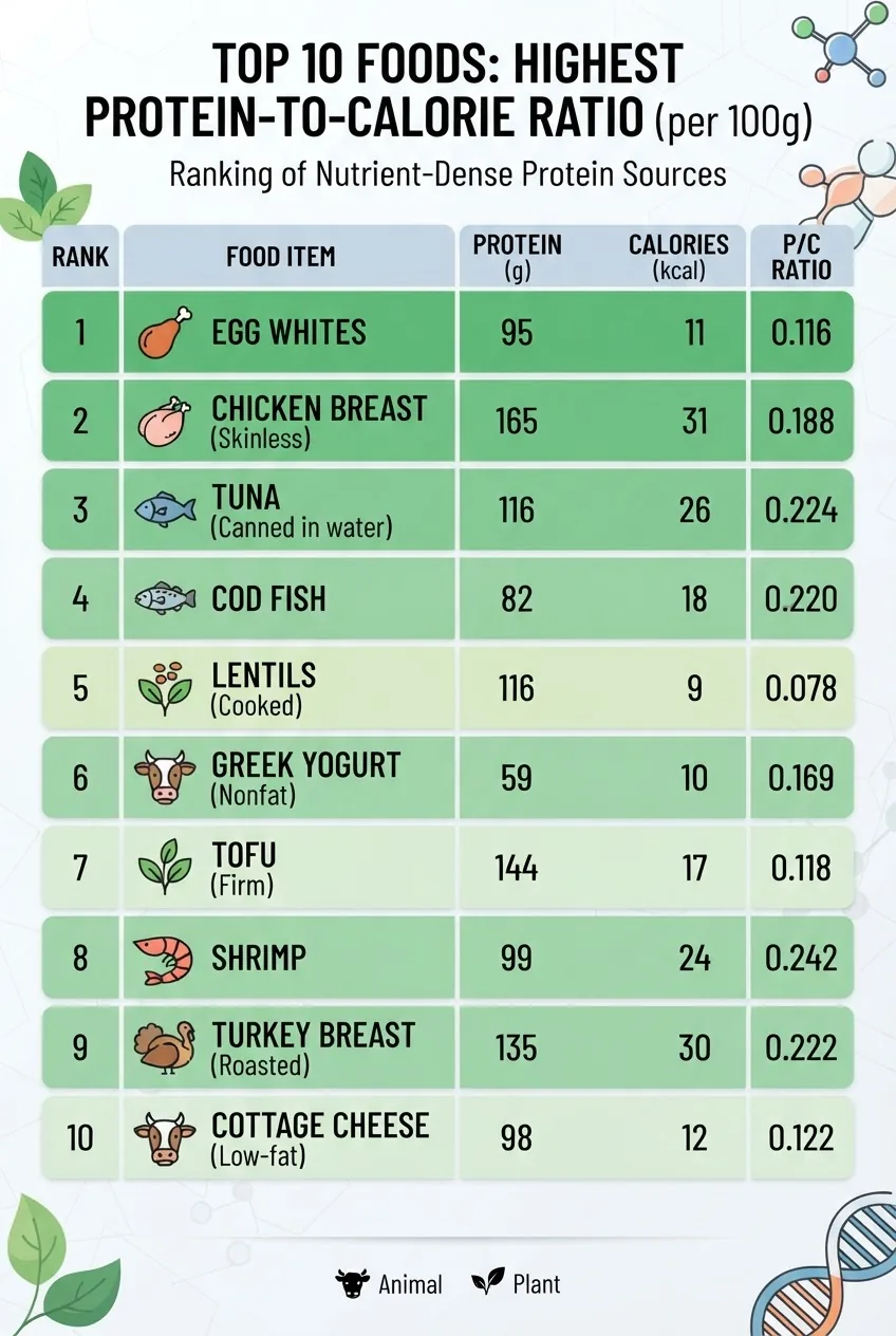 showcases a ranked list of 10 top foods with highest protein to calorie ratios, displayed in a vertical format with three columns: food