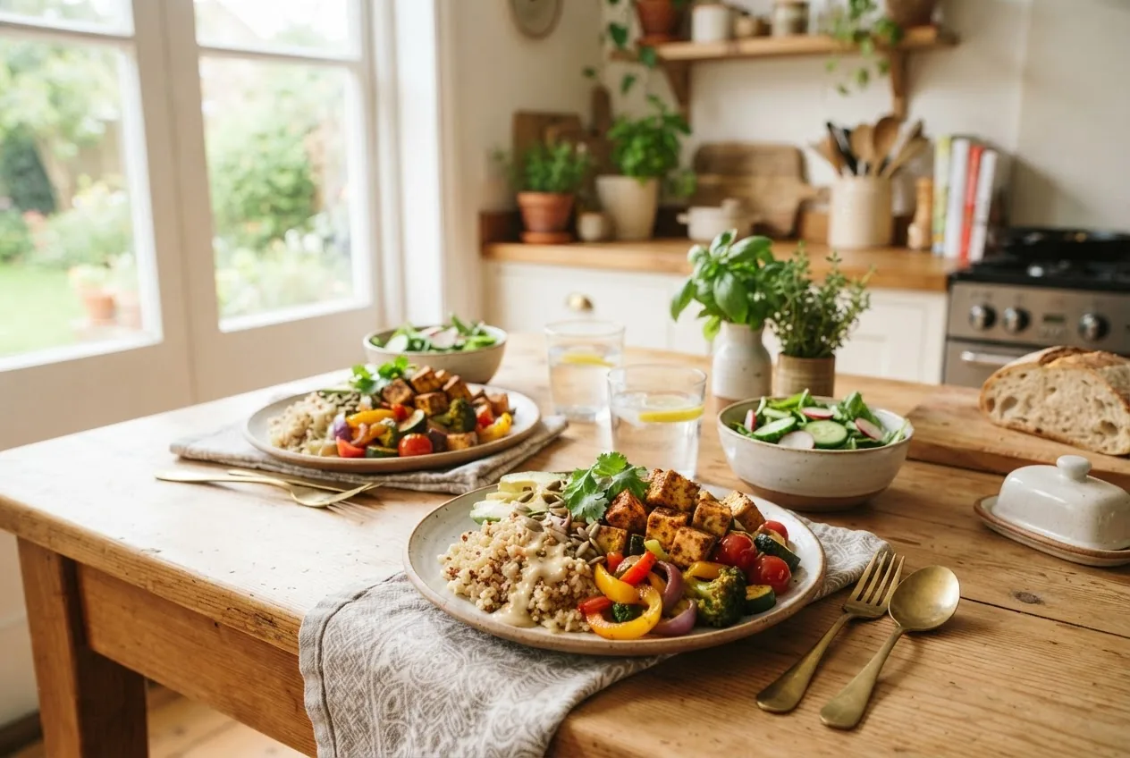 A bright, inviting kitchen scene showing a plated quick vegetarian dinner for two on a rustic wooden table, natural lighting from a window,